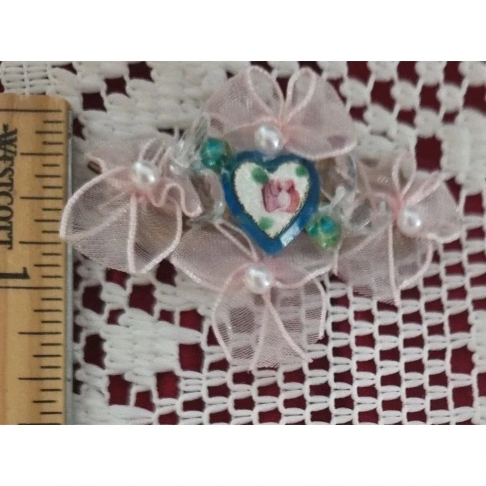 Vintage Guilloche Heart Hair Barrette Gold-toned Metal Pink Blue White Bows